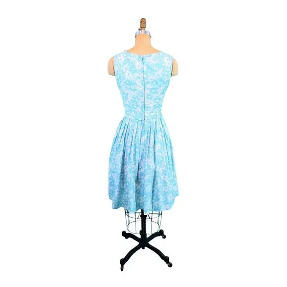 Vintage 1950s Sun Dress Caged Bodice Aqua Floral Sue BrettW 26